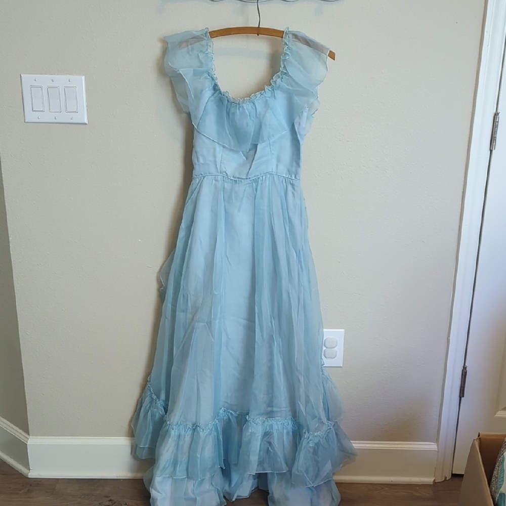 Vintage 1980 Elegant Light Blue Ruffled Gown